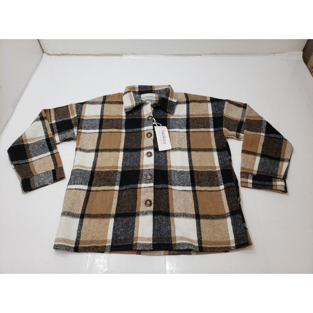 Yeokou Women's Jacket Shacket Button Up Long Sleeve Brown Plaid Size S NWT